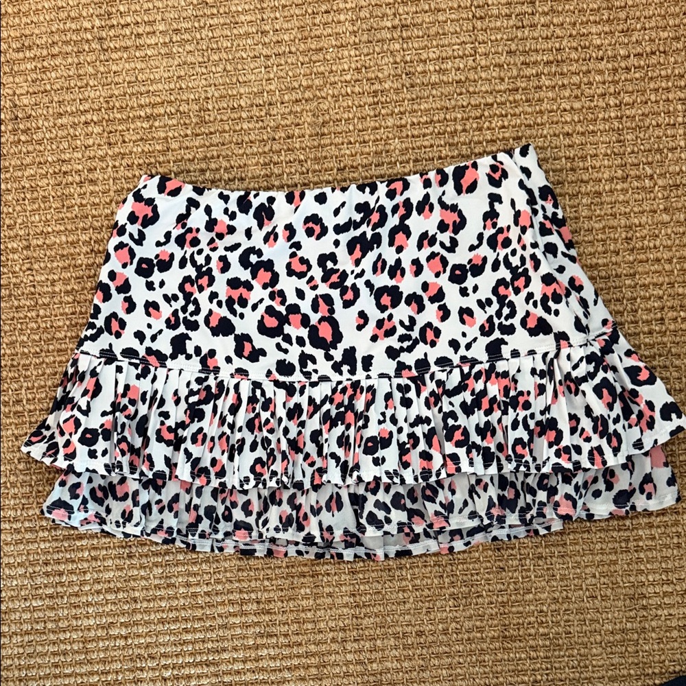 Ruffled Animal Print Mini Skirt - White with Pink and Black Spots